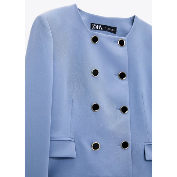 NEW Zara Cropped Double Breasted Blazer Mid Blue S - Picture 8 of 11